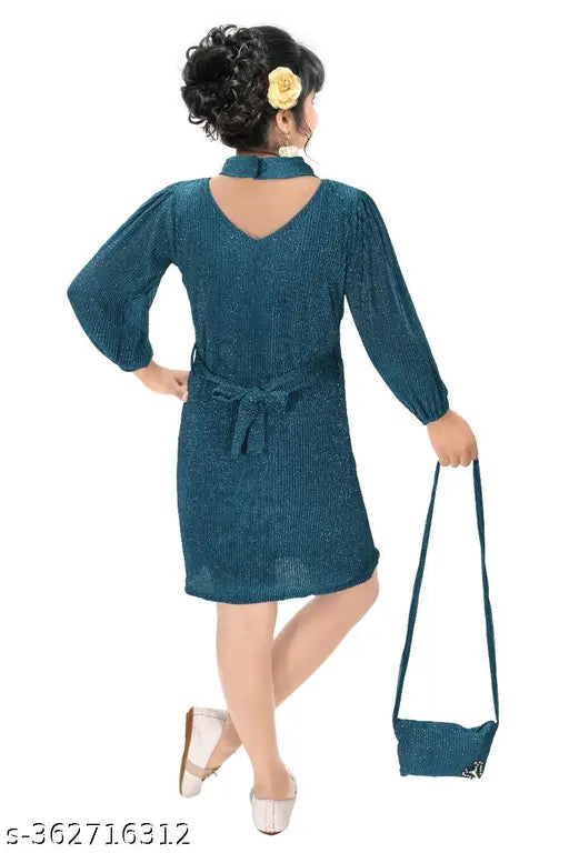 Georgette, three-quarter sleeves, embellished net western frock for kids with free matching bag, vibrant colors, India origin
