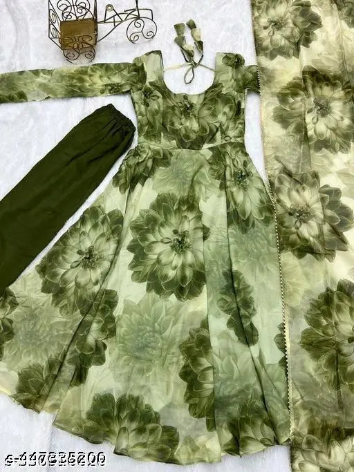 Green floral design Georgette kurta, three-quarter sleeves printed combo for women's fashion, Indian traditional clothing on mannequin