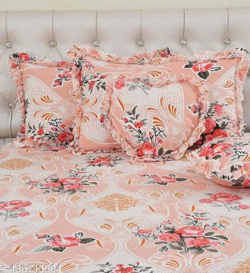 Luxmi cotton king size bedsheet set with decorative frill pillow covers & heart-shaped cushions, multicolor botanical print
