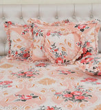 Luxmi cotton king size bedsheet set with decorative frill pillow covers & heart-shaped cushions, multicolor botanical print