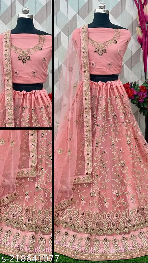Pink color heavy Lehenga Choli Set with Dupatta and Blouse, embroidered net fabric, Indian bridal partywear