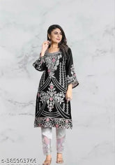 Floral embroidered Georgette Pakistani kurta and crepe pants set by MELLOWMESH, new designer work, full sleeve stitched top with white pant, three-quarter sleeves, XS-XXL sizes available