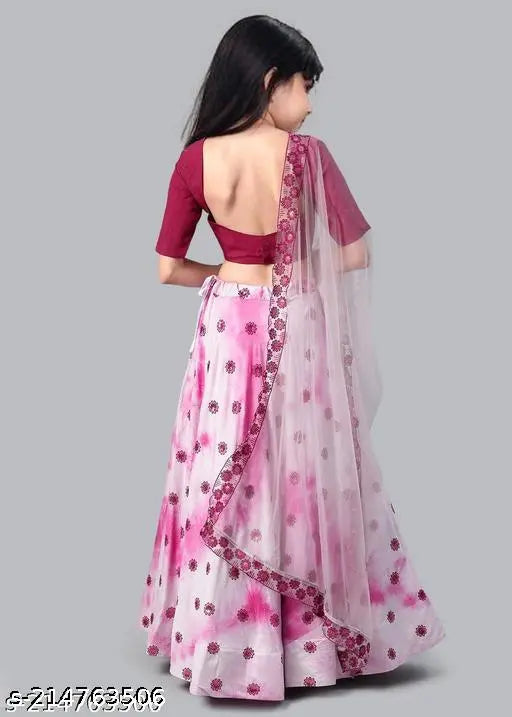Digital printed silk lehenga choli set with net dupatta, embellished floral pattern, short sleeves, various sizes for girls aged 5-12 years, Indian ethnic wear