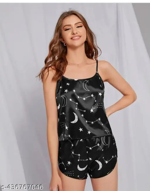 Black modal round neck sleeveless pajama set with lace trim, PUSHBELA nightwear for women