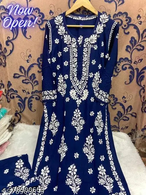 Rayon embroidered Indian kurta and palazzo set, beautiful workwear with long sleeves for women. Embroidered net fabric, multiple sizes available