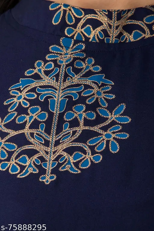 Blue printed rayon back chain closure Kurta for women - soft and comfortable festive or casual wear, suitable for sizes S (36in bust, 48in size length) - made in India