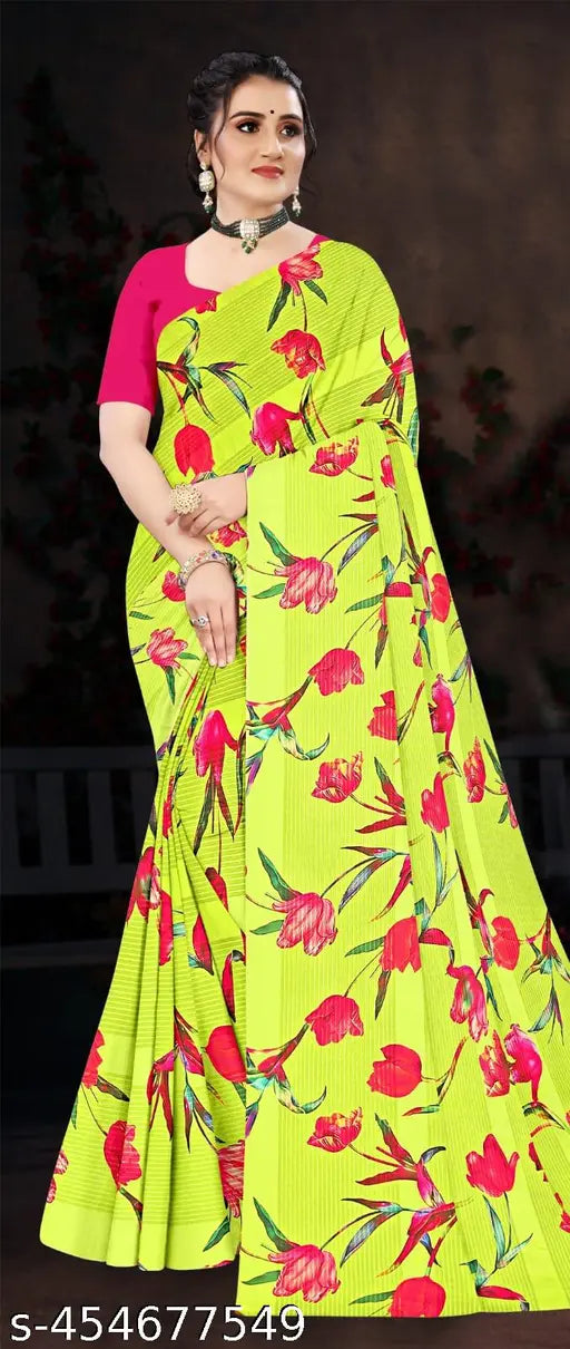 Bollywood-style Georgette saree in free size with printed blouse, solid net accents