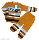 Soft yellow printed wool kidswear set: Sweatshirt with matching pyjamas, comfy thermal innerwear for stylish kids' play and relaxation