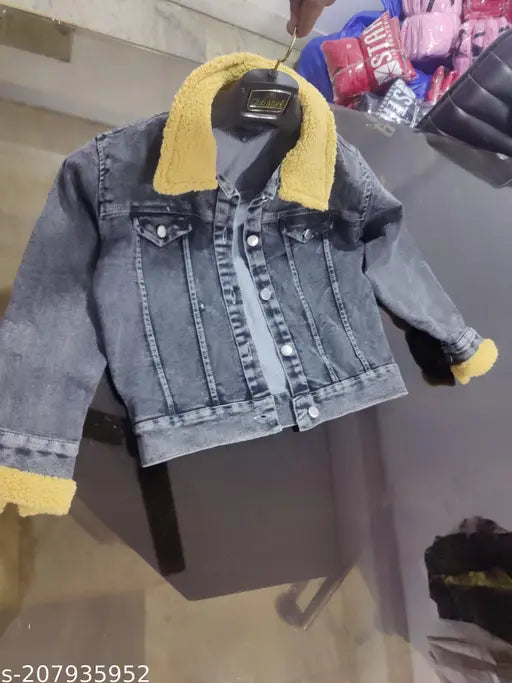 Denim Calar fur nited jacket, black blast with long sleeves and dyed/washed pattern for teen boys (12-16 years) from India