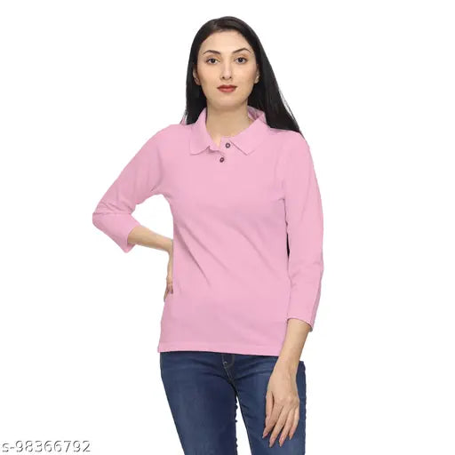 Pink pique cotton regular fit t-shirt with collar neck and three-quarter sleeves for women and girls, 100% cotton