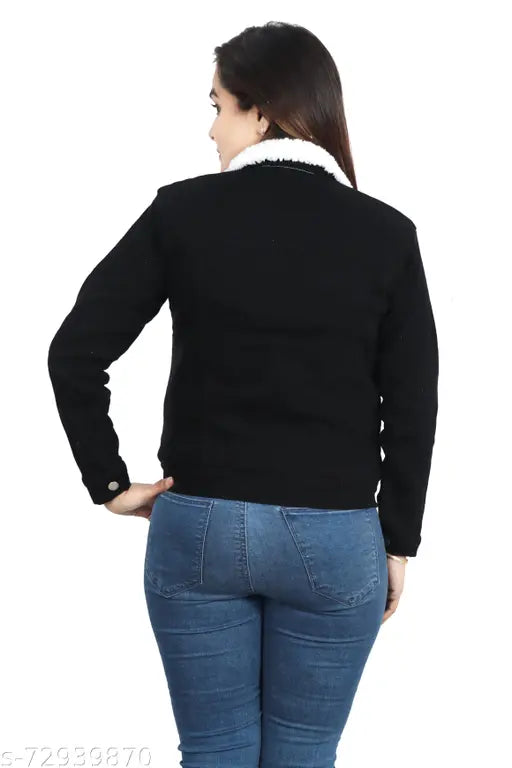 Black denim fur jacket, solid design with long sleeves. High-quality Indian craftsmanship