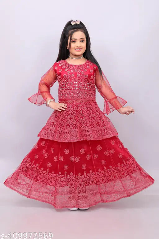 Stunning Indian mirror work lehenga choli set for girls, embroidered floral net material with long sleeves