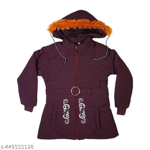 Stylish woolen fur jacket for girls, waterproof hoodie with full sleeves and zipper closure, premium polyester, standard length fit, casual western style
