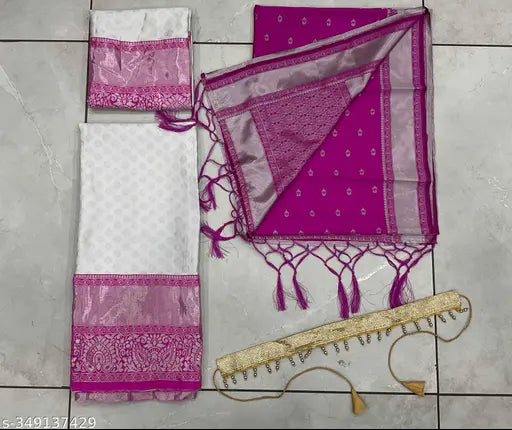 Unstitched South Indian Art Silk Half Saree in Litchi Silk zari work, featuring a choli and dupatta with solid patterns, tussle details, and a provided belt. Best quality fabric, ready to ship