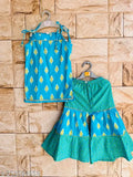 Cotton sleeveless sharara top, vibrant prints with gota lace, trendy for young girls aged 12 months - 9 years