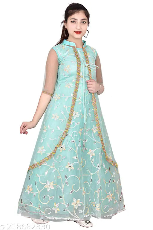 Blue embellished net party gown for kids, silicon fabric, floral design, suitable for special occasions