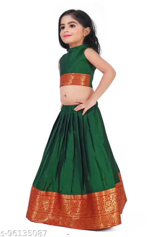 Girls Pattu Pavadai Lehenga Choli Set - Solid cotton silk set with acrylic dupatta, sleeveless for Indian traditional wear (1-16 years)