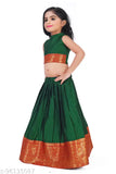 Girls Pattu Pavadai Lehenga Choli Set - Solid cotton silk set with acrylic dupatta, sleeveless for Indian traditional wear (1-16 years)