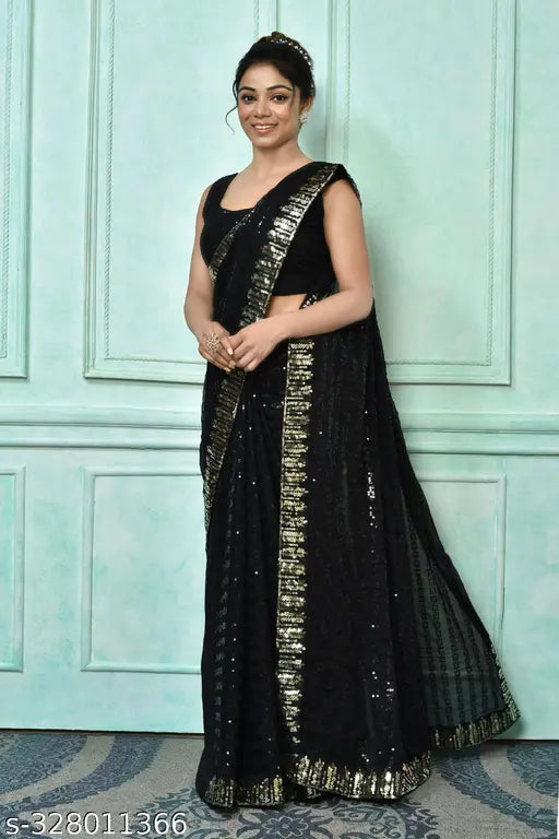 Designer sequin saree with embroidered net blouse, Georgette fabric in free size (5.5m, 0.8m), India-made