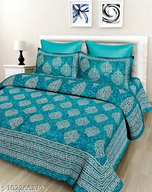 Elegant cotton flat sheets, superfine ethnic motifs, double queen size bedsheets with 2 pillow covers, summer-ready bed linen from India