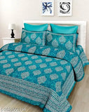 Elegant cotton flat sheets, superfine ethnic motifs, double queen size bedsheets with 2 pillow covers, summer-ready bed linen from India