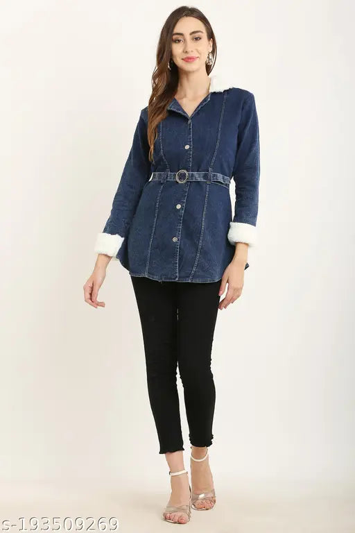 Denim kids girls full sleeve casual coat, dyed/washed pattern for 8-9 Years to 15-16 Years, casual outerwear on model