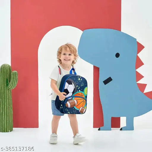 Polyester blue volleyball-themed school backpack (Class 1 to 8), spacious daypack with multiple pockets for stationery and personal items