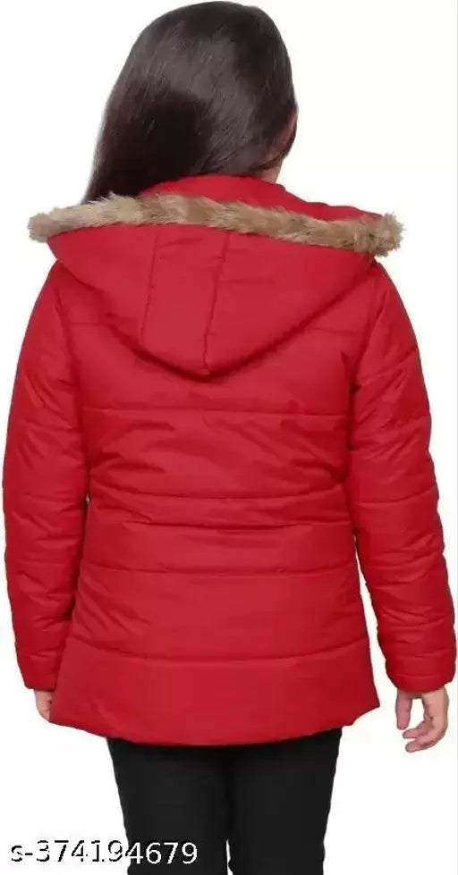 Polyester girls winter jacket, solid pattern for 9-10, 10-11, 11-12, or 12-13 years. Warm kid's jacket from HARIS OMAZ, India." (118 characters)