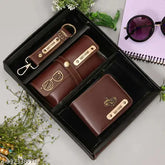 Brown synthetic men's combo wallet with hook keychain, sunglass case cover and custom name, free size (29x27 cm)