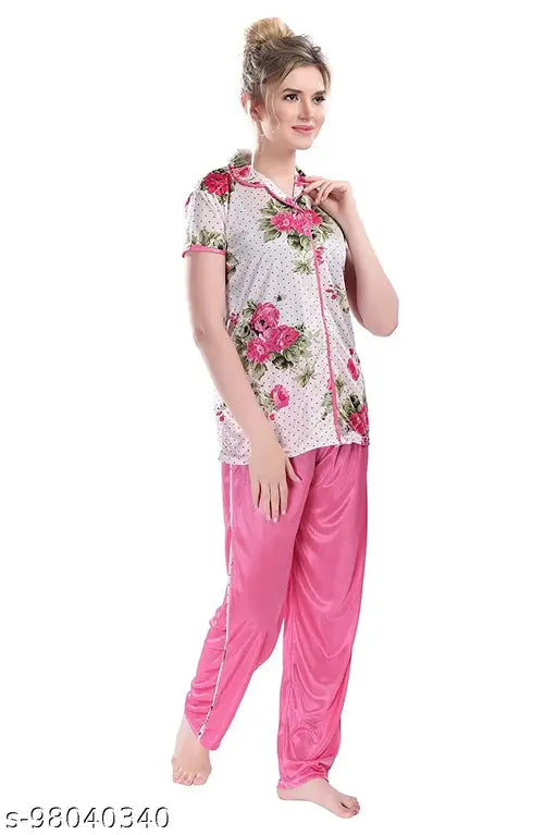 Flower print satin night suit for women, comfortable and soft sleepwear set with open collar shirt and pyjama (India)