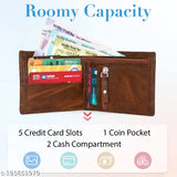 Brown faux leather slim wallet, three compartments, textured pattern. Men's utility bi-fold wallet with premium lining and coin pocket