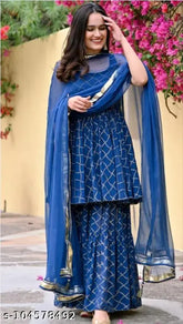 Trendy viscose rayon dupatta set with embroidered kurta and bottomwear, sleeveless, single size S (bust 36in), XL (bust 42in), Indian origin