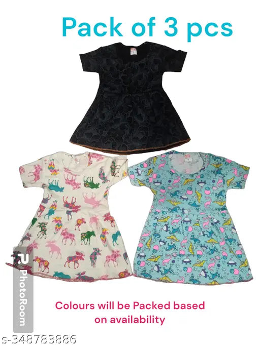 Cotton printed net gowns pack of 3 for kids aged 1-3 years, vibrant designs perfect for little girls from India