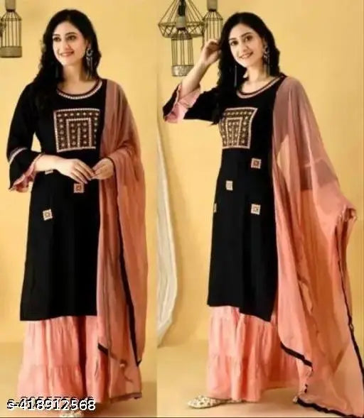 Rayon Alisha Graceful Women Kurta Set with Sharara pants and dupatta, embroidered three-quarter sleeve design, Indian origin