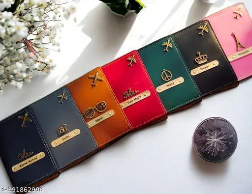 Brown and tan canvas & leather customized passport cover combo pack for unisex men and women, features 2 charms and name personalization, comes with 2 free size covers (15cm x 12cm), 4 card slots each