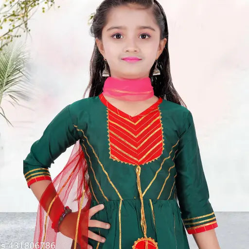 Polycotton kurta pant & dupatta set in rich Indian hues, perfect for kids' festive occasions