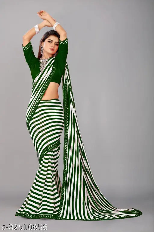 Striped Georgette Bollywood saree with separate Bangalore silk blouse, free size, 5.5m long