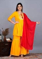 Yellow & Red Rayon Women's Kurta Set with Sharara and Dupatta. Indian occasion wear, hand wash only, A-line style." (102 characters)