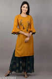 Rayon embroidered kurta sharara set, ethnic villa women's three-quarter sleeve fashionable outfit in lime color, India origin