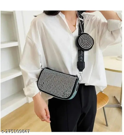 Designer PU rhinestone embellished square bag, coin purse included. (9x3x5 inches) - Indian-made glamorous handbag for women and girls