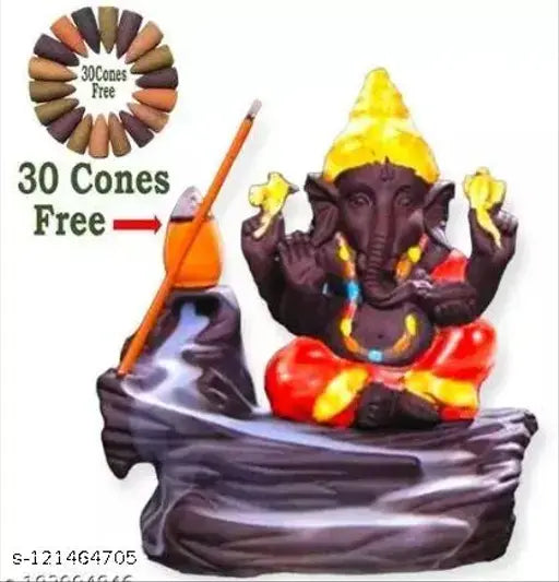 Red poly resin Ganesha backflow incense burner with 30 cones, Indian art for spiritual spaces