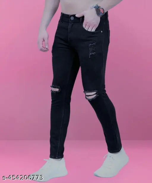 Black denim knee-cut jeans by Rusticblooms - versatile, slim fit, mid-rise, comfortable, and stylish for men & boys. Available in sizes 26 (26/39/28), 28 (28/39/30), 30 (30/39/32), 32 (32/39/34). Made in India