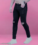 Black denim knee-cut jeans by Rusticblooms - versatile, slim fit, mid-rise, comfortable, and stylish for men & boys. Available in sizes 26 (26/39/28), 28 (28/39/30), 30 (30/39/32), 32 (32/39/34). Made in India