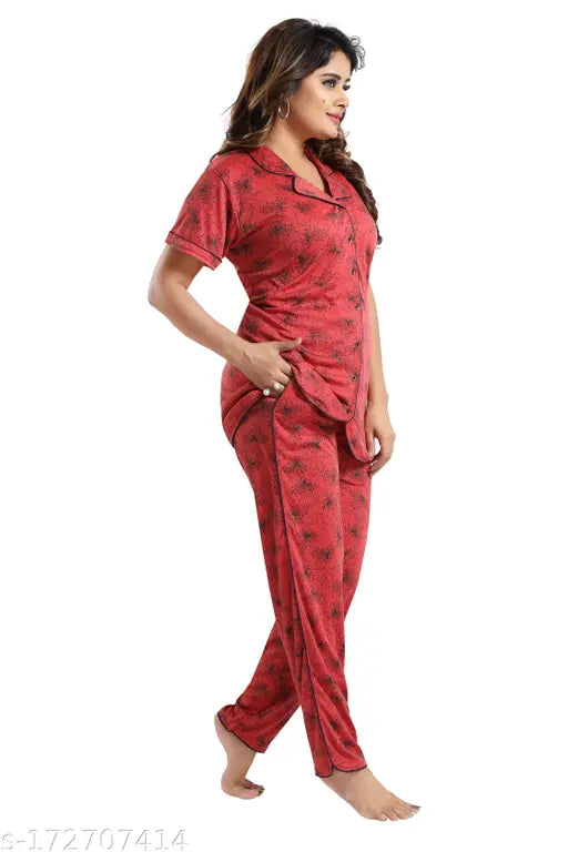 Red hosiery cotton night suit, printed net, short sleeves, soft and fine quality, attractive nightwear for all sizes
