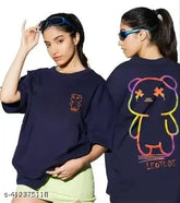 Acrylic oversized round neck t-shirt, printed net pattern, three-quarter sleeves for women. Made in India