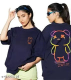 Acrylic oversized round neck t-shirt, printed net pattern, three-quarter sleeves for women. Made in India