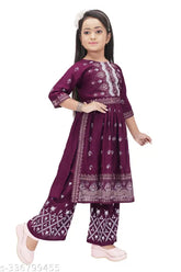 Maroon color printed kid girls Naira Cut Rayon Kurta set with palazzos, vibrant design for festive occasions