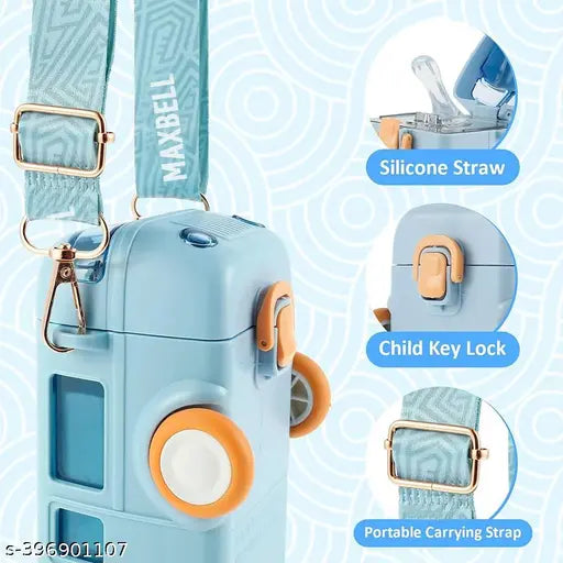 Blue plastic kids bus water bottle with leak-proof sipper design, BPA free and non-toxic