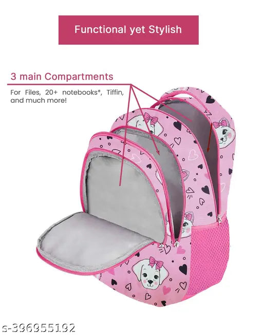 RRPinkCatDog2024A polyester daypack for school students (Class 1-8), featuring pencil compartment. Free size (L32cm x W28cm x H2cm). Made in India