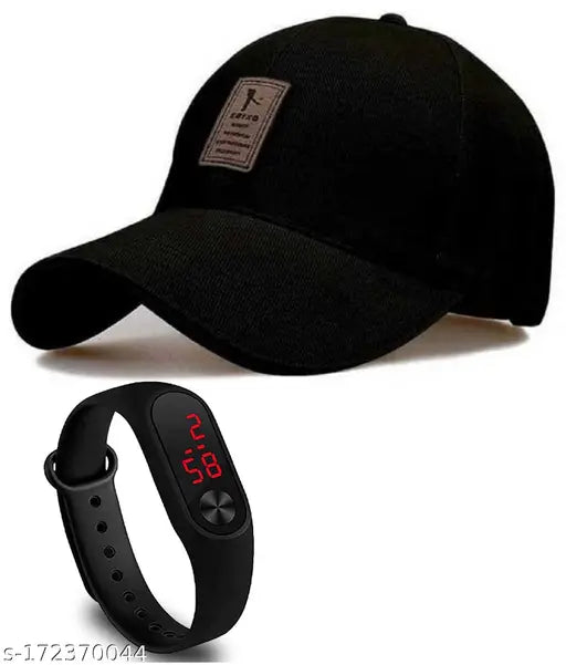 Black cotton baseball cap with self-design print and adjustable fit, featuring a black LED band watch combo. Pack of 2 sporty men's caps from Ediko." (106 characters)